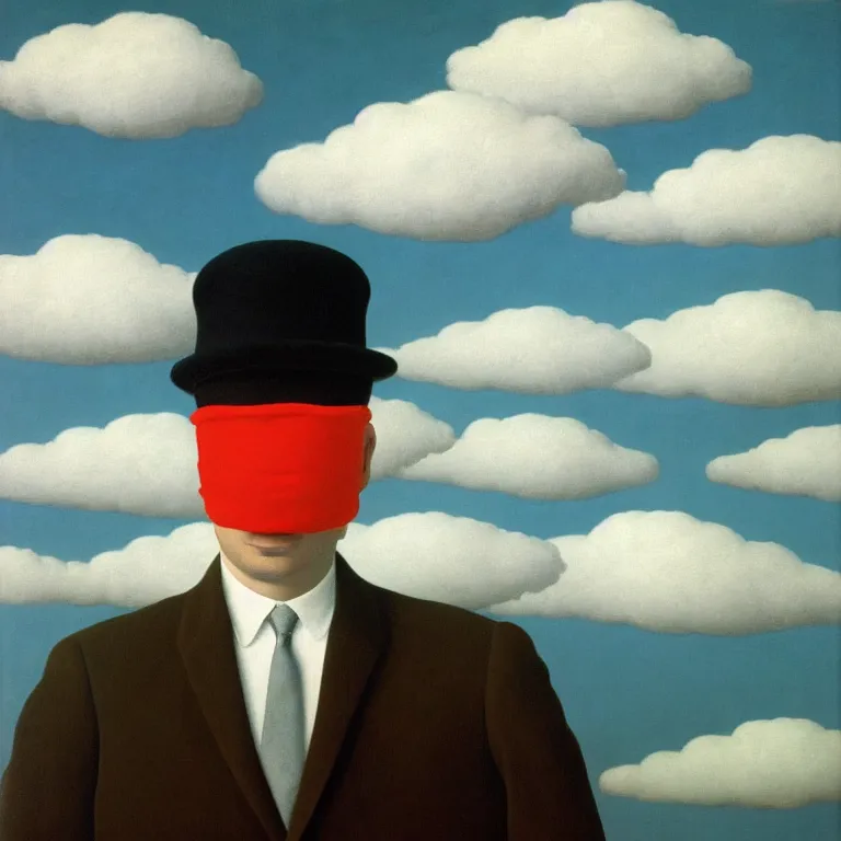 Image similar to portrait of a man whos head is hidden of clouds, by rene magritte, detailed painting, hd, hq, high resolution, high detail, 4 k, 8 k