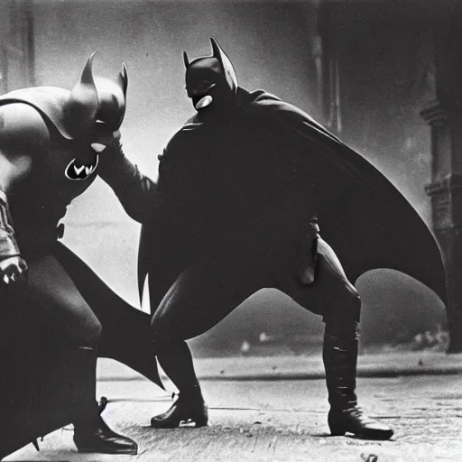 Prompt: a close - up old black and white photo, 1 9 1 3, depicting batman fighting a bad guy in an ally of new york city, rule of thirds, historical record