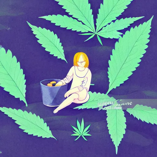 Image similar to neat composition cannabis leaf in pot cafe detailed cute characters, isometric fun style ink watercolor illustration, by ren hang, australian style video game still