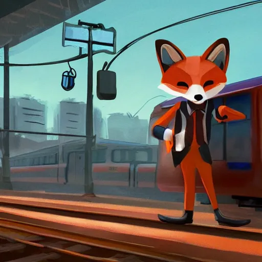 Prompt: anthropomorphic furry fox wearing a tuxedo stands on a train station ,detailed, environment, building, train cinematic lights, Artstation