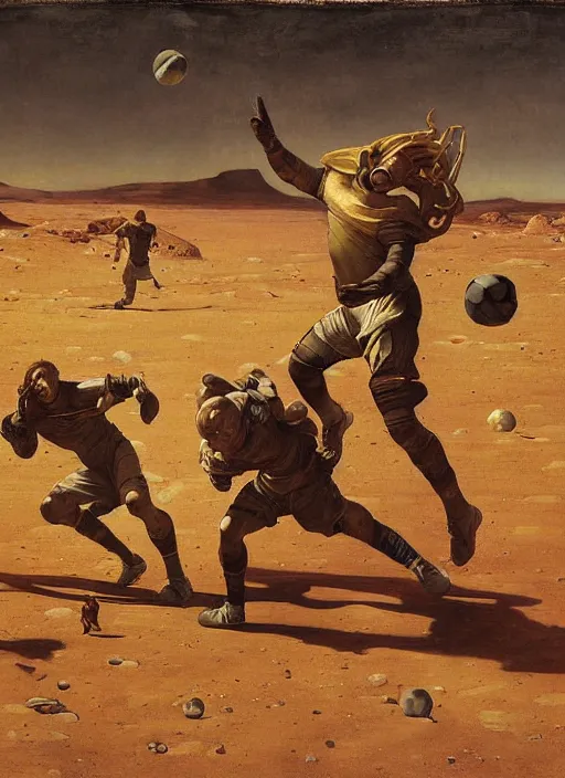 Image similar to a soccer match on mars by edgar maxence and caravaggio and michael whelan and delacroix style, artistic, intricate painting, cinematic lighting, hyper realistic, extremely detailed, establishing shot, 8 k resolution, dramatic lighting