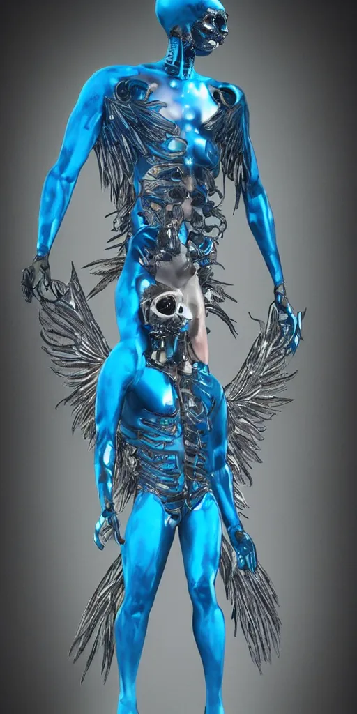 Image similar to full body male alien with cyberangel wings, tattoos cover all over him blue skin in a terrifying pose, transparent silk outfit flowing in the wind by bruce labruce, digital art, redshift render, hyperrealistic