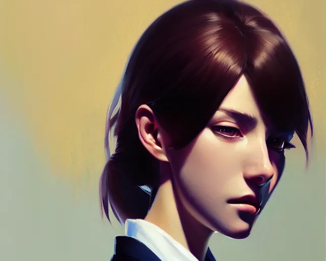 Prompt: a ultradetailed beautiful portrait panting of a stylish woman wearing a shirt with a tie, she has messy hair, oil painting, by ilya kuvshinov, greg rutkowski and makoto shinkai, trending on artstation