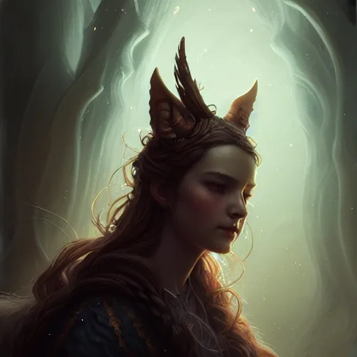 Image similar to Bard, female, fantasy, arcane glow, holy runes, dramatic, intricate, fox ears, elegant, highly detailed, digital painting, artstation, concept art, smooth, sharp focus, illustration, octane render, art by Leesha Hannigan, Ross Tran, Thierry Doizon, Kai Carpenter, Ignacio Fernández Ríos