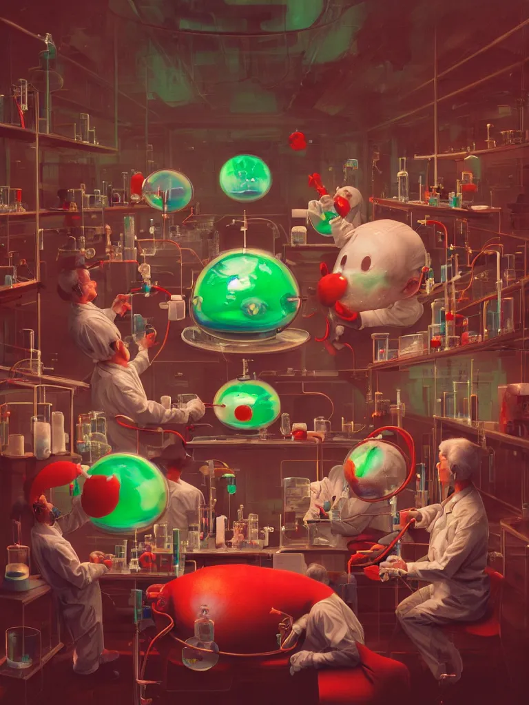 Prompt: scientists in laboratory, single giant mickey mouse face by denning guy, amano yoshitaka, berkey john, bowater charlie, greg rutkowski, netflix logo, green floor, red walls, colored gels, studio photography, 3 5 mm film look