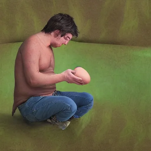 Image similar to the egg troll eating the last egg while looking sad, realistic photo,