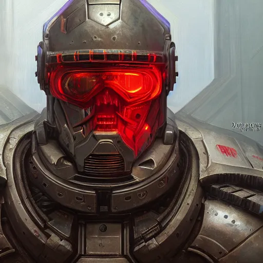 Image similar to the doomslayer as a realistic scifi cyberpunk knight, closeup portrait art by donato giancola and greg rutkowski, vintage retro scifi, realistic face, digital art, trending on artstation, symmetry!!!