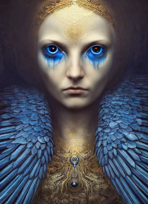 Prompt: Her huge ominous glowing blue eyes staring into my soul , perfect eyes, agostino arrivabene, WLOP, Tomasz strzalkowski, twisted dark lucid dream, 8k portrait render, raven angel wings, beautiful lighting, dark fantasy art, rococo, gold filigree, artstation