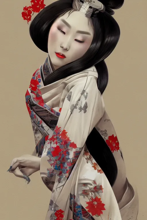 Prompt: the oriental female bionic artificial intelligence geisha in kimono is white, tender and beautiful. behind it is a japanese tatami room painted with a wave ukiyo screen, game character concept art, wide view, high detailed, craig mullins, peter mohrbacher, unreal engine, 8 k, dark beauty, trending on artstation