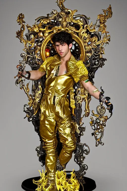 Image similar to full-body bladerunner neon rococo style sculpture of a young handsome Spanish Nick Jonas as a half cibernetic android with a chest opening exposing circuitry and electric sparks, glowing laser beam eyes, crown of giant diamonds, flowing neon-colored silk, fabric, raptors. baroque elements. full-length view. baroque element. intricate artwork by caravaggio. many many birds birds on background. Trending on artstation, octane render, cinematic lighting from the right, hyper realism, octane render, 8k, depth of field, 3D