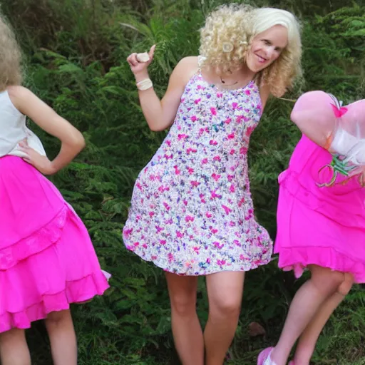 Prompt: young white girl, pink flowery dress, blond curly hair, causing mahem