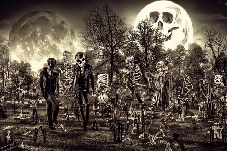 Prompt: rockers skeletons in leather jackets with electric guitars in the hands in a cemetery, evil rock concert, dark night, full moon, the oak tree, highly detailed digital art, photorealistic