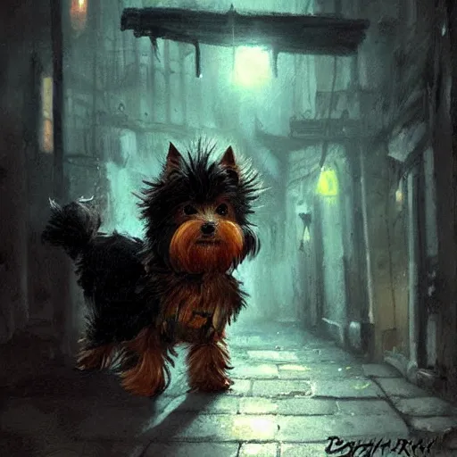 Prompt: detective yorkshire terrier wearing a wizard hat, in a dark alley, Greg Rutkowski, art station