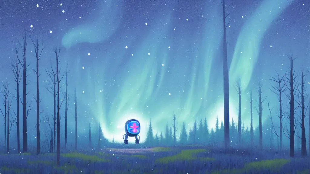 Prompt: A retro glossy white robot stands in the middle of a forest in the centre of the frame. softly glowing blue trees at night. The sky above has many stars and a beautiful blue aurora. Comet in the middle of the sky. Cyril Roland naomi okubo. Trending on artstation. Digital painting.