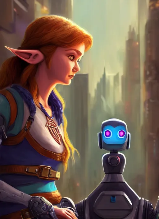 Prompt: portrait of zelda talking to a robot in a futuristic city in the year 2 4 7 6, highly detailed, fantasy style, artstation, 8 k