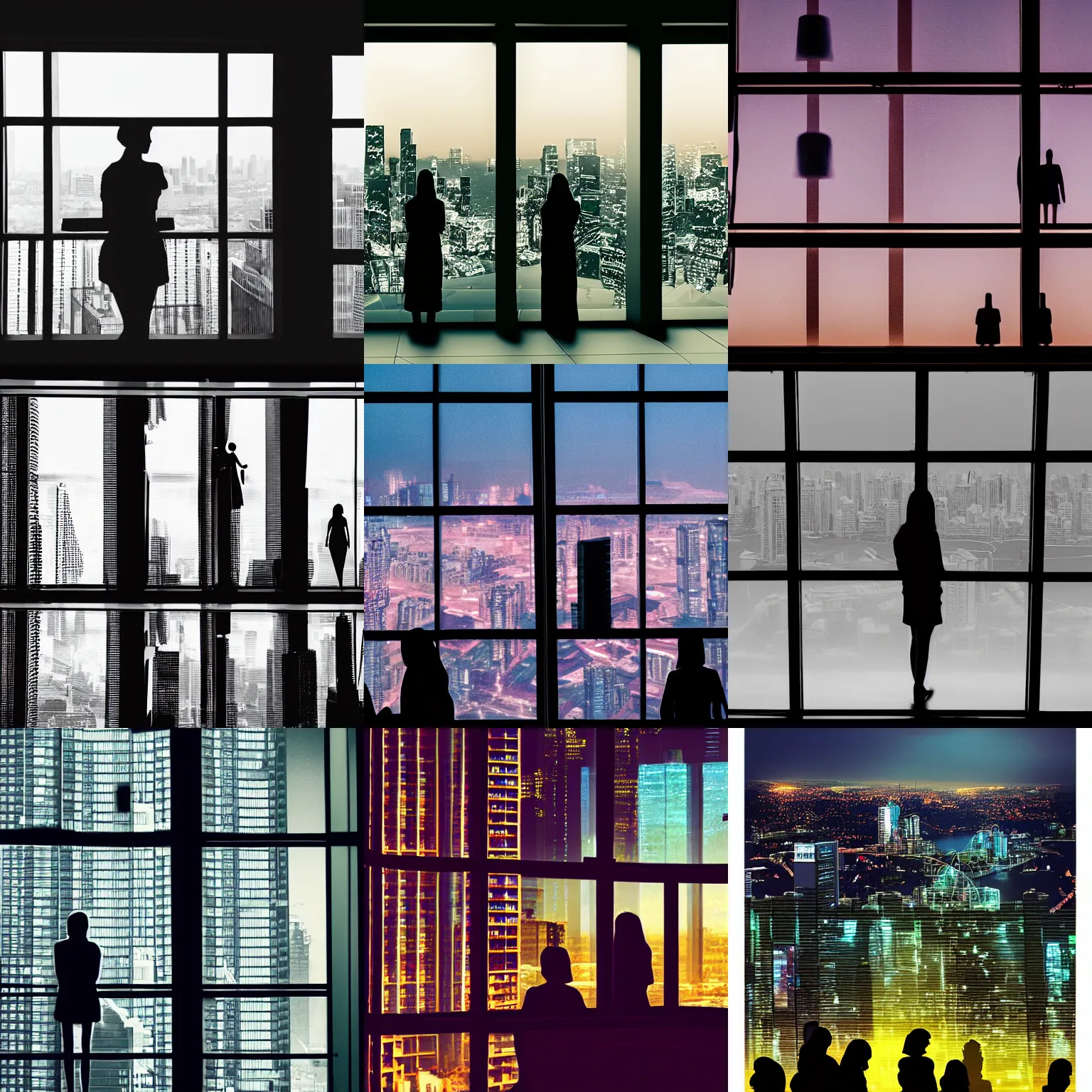 Prompt: View from window on megapolis, silhouette of women who watches to the window, cyberpunk