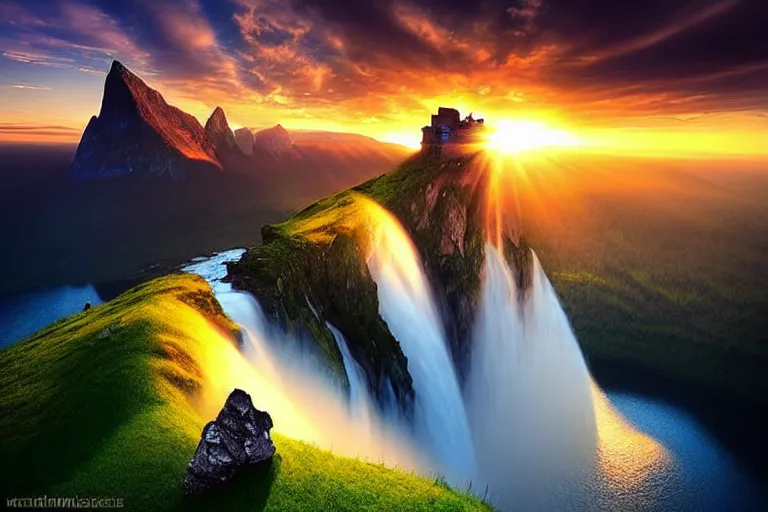 Image similar to Gediminas Pranckevicius amazing landscape photo of mountains with lake and castle on top of a waterfall at infinite view at sunset by marc adamus beautiful dramatic lighting,