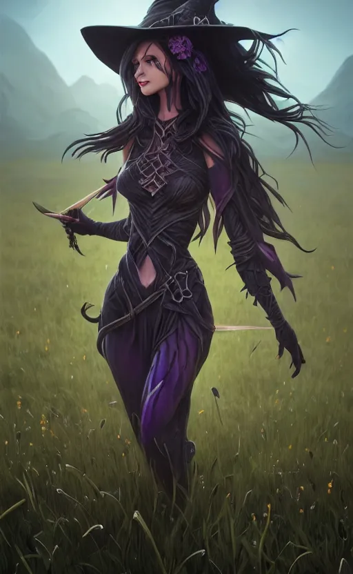 Prompt: medium shot of dark elf witch in field, sunny, highly detailed, d & d, fantasy, highly detailed, digital painting, trending on artstation, concept art, sharp focus, illustration, global illumination, ray tracing, realistic shaded, art by artgerm and greg rutkowski and fuji choko and viktoria gavrilenko and hoang lap