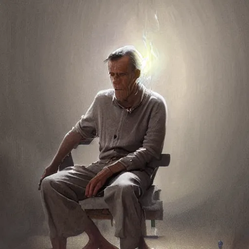 Image similar to a highly detailed epic cinematic concept art CG render digital painting artwork costume design: Henry Fonda as a 1950s tired disillusioned poet, barefoot, smoking a cigarette. volumetric lighting. By Greg Rutkowski, in the style of Francis Bacon and Syd Mead and Norman Rockwell and Beksinski, open ceiling, highly detailed, painted by Francis Bacon and Edward Hopper, painted by James Gilleard, surrealism, airbrush, Ilya Kuvshinov, WLOP, Stanley Artgerm, very coherent, triadic color scheme, realistic facial expression, art by Takato Yamamoto and James Jean