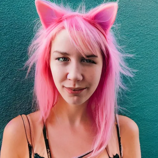 Image similar to photo of a young woman with messy pink hair and cat ears