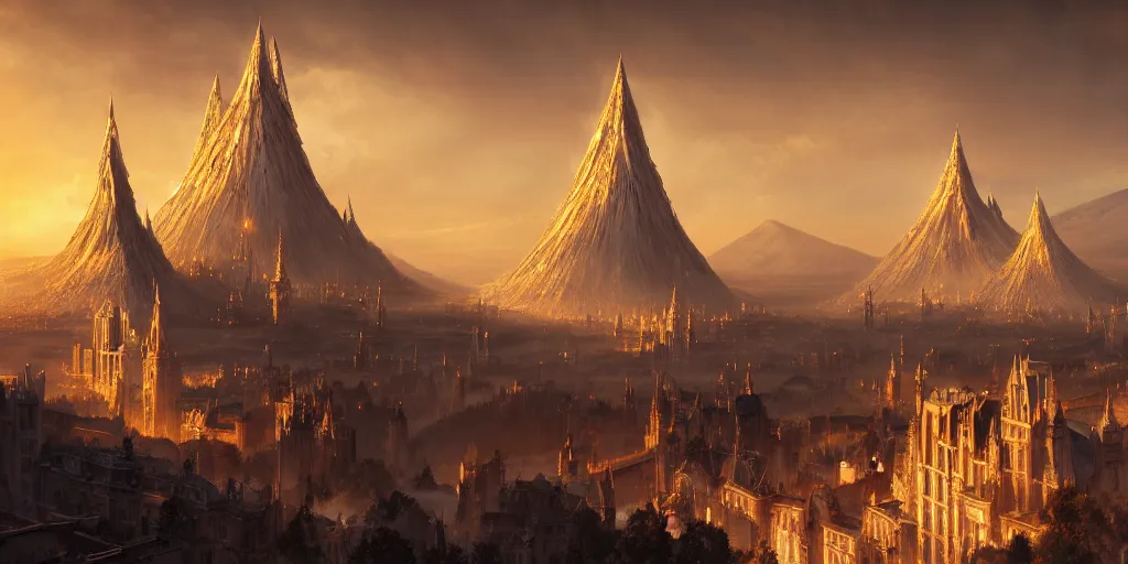 Image similar to beautiful gold fantasy city made from white stone and bright copper built on a volcano, gondor, misty, red sky, medieval city, metropolis, magic, gorgeous clouds, white marble, god rays, digital art, landscape, fantasy art, octane render, ureal engine, high detail, very realistic, by greg rutkowski. by james gurney