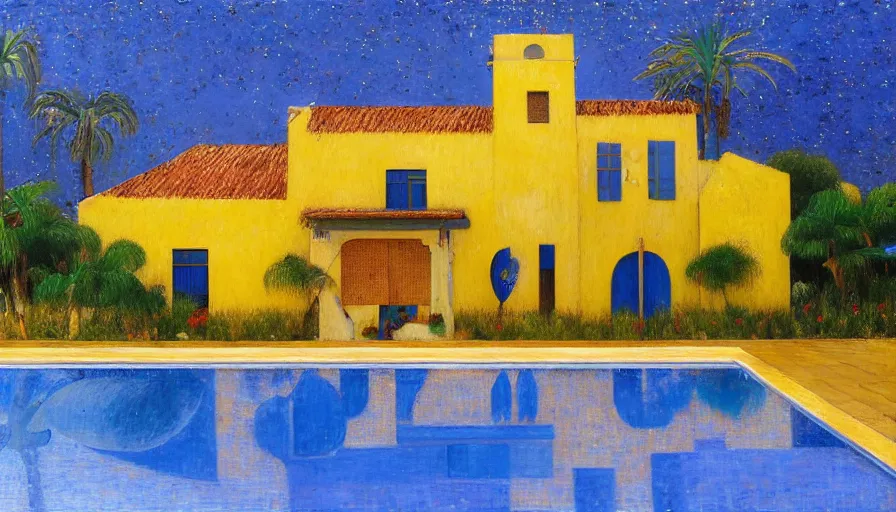 Image similar to a 1 9 9 8 southern spain house designed by arthur bispo do rosario, jules bastien - lepage, tarsila do amaral, frank weston and gustave baumann, trending on artstation, mediterranean, star, sharp focus, colorful refracted sparkles and lines, soft light, 8 k 4 k