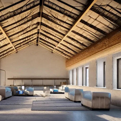Image similar to interior view of modern futuristic farm barn architecture and interior design, lounge chairs, sofas, cows, chickens, pigs, wall art, detailed luminescent oil painting 4 k
