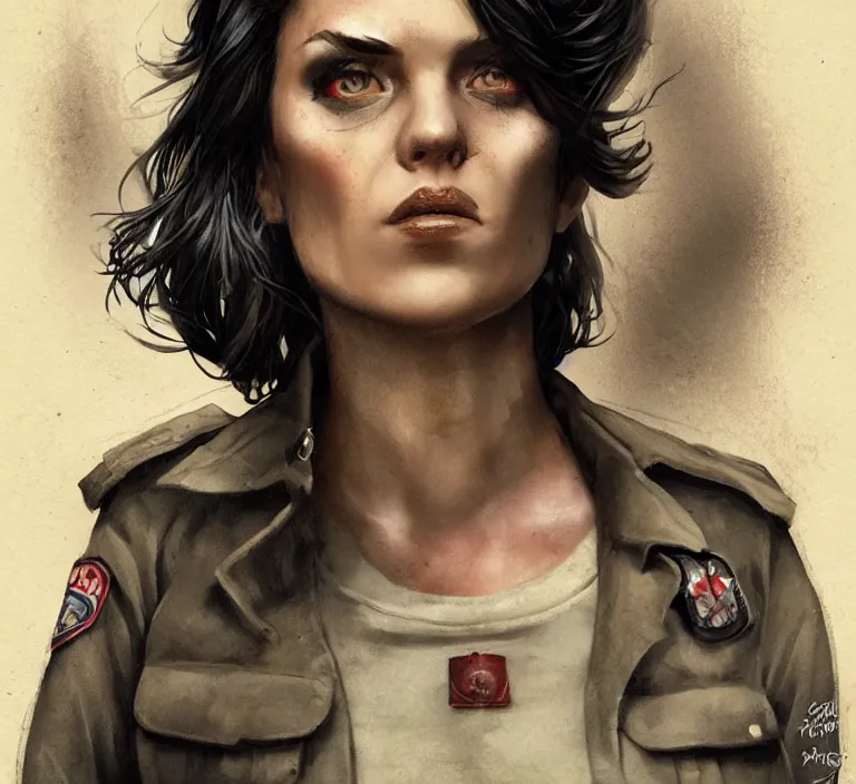 Image similar to a rugged and sarcastic female cop in the style of tom bagshaw