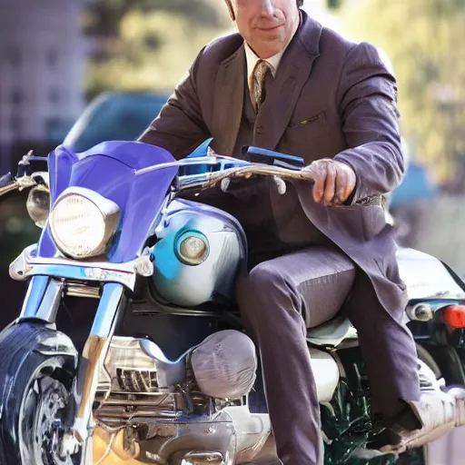 Prompt: A photo of Saul Goodman riding a motorcycle, highly detailed, 4k