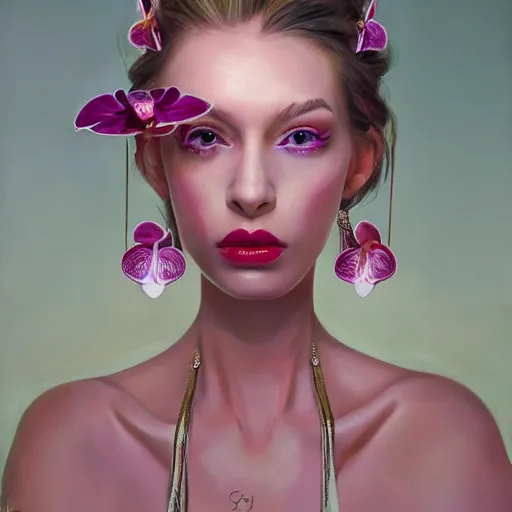 Image similar to a portrait of an intensely lit orchid mantis woman full of piercings, modeling, white and pink, oil painting, pale colors, high detail, 8 k, wide angle, trending on artstation,