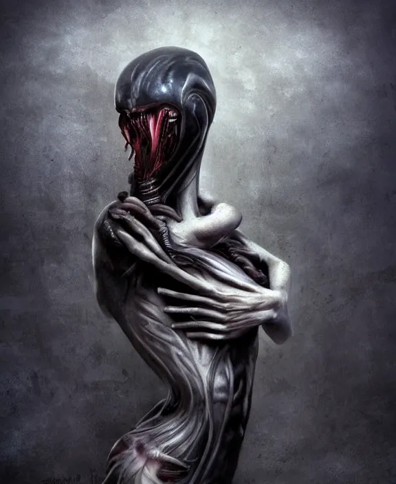 Image similar to xenomorph hugging pale sad beauty merging, dark mist colors, giger background liminal void, digital art, cinematic lighting, realistic, award winning photograph, various refining methods, micro macro autofocus