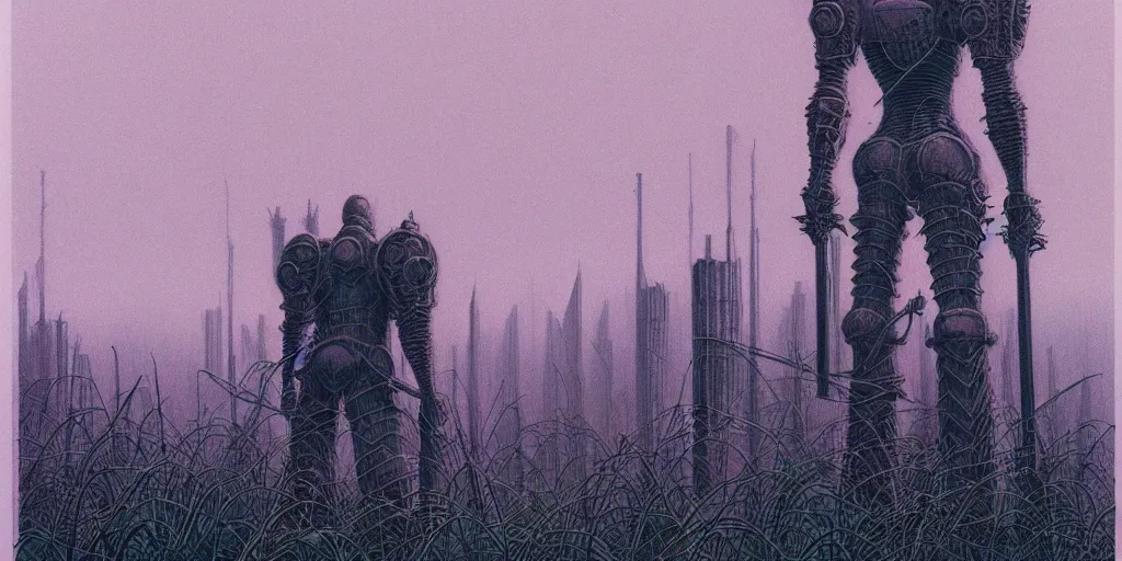 Prompt: grainy risograph matte painting of gigantic huge mech covered wielding huge swords, black, a lot of exotic fauna, tall grass, pastel matte colors, staying in the foggy huge city covered with web and cotton, by moebius, hyperrealism, intricate detailed