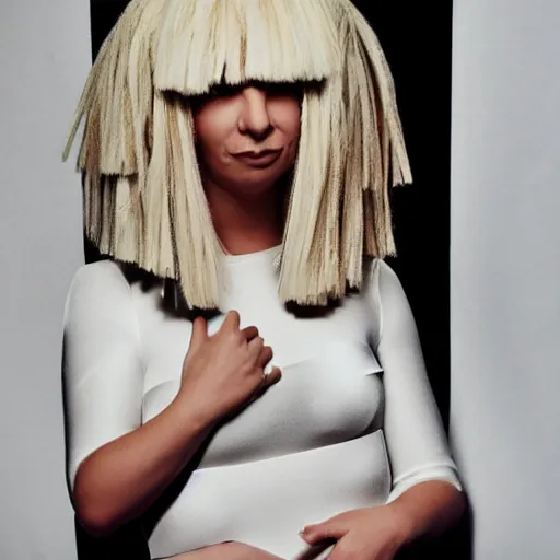 Image similar to Sia furler photoshoot wearing a dress full body puffy wig