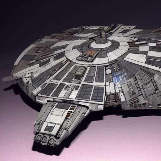 Image similar to the millennium falcon but if it was created by the mandalorians.