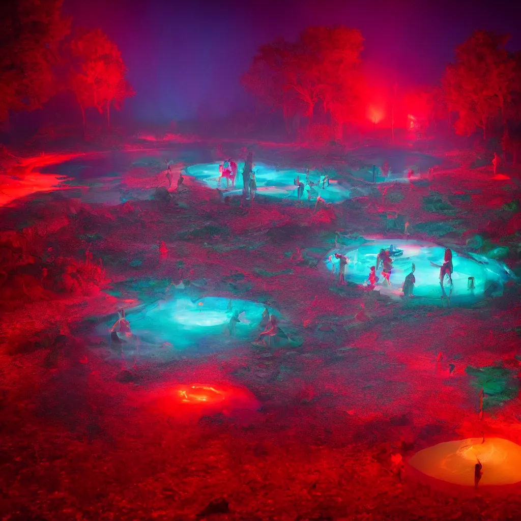 Prompt: rave in the red pond at night, light art, epic composition, by benoit paille, hd, octane, volumetric lighting, masterpiece,