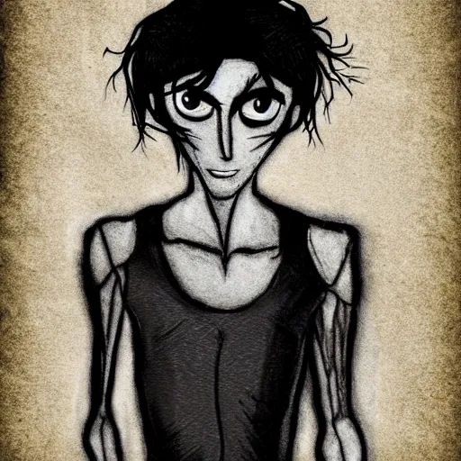 Image similar to young man portrait, black hair, skinny, sleep deprived, corpse bride art style