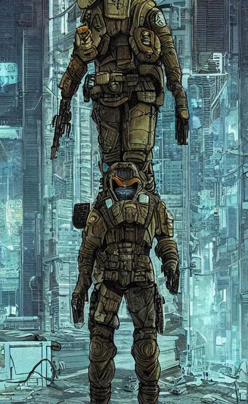 Image similar to a cyberpunk soldier with tactical gear and a rifle patrols a Japanese city on mars, Industrial Scifi, detailed illustration, character portrait, by Martin Grip and Moebius