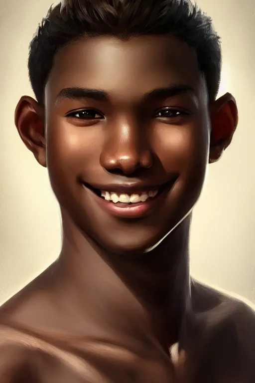 Image similar to young teenager boy with straight short brown hair, dark skin, big lips, smiling. highly detailed, d & d, fantasy, highly detailed, digital painting, trending on artstation, concept art, sharp focus, illustration, art by artgerm and greg rutkowski and fuji choko and viktoria gavrilenko and hoang lap