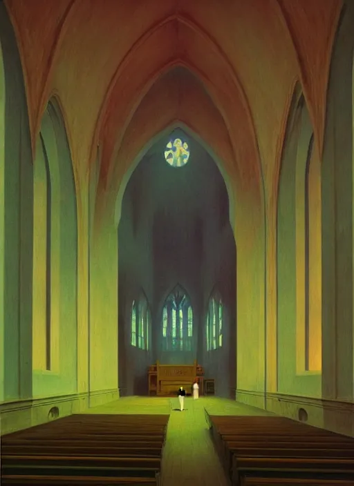 Image similar to Inside a church, Edward Hopper and James Gilleard, Zdzislaw Beksinski, Mark Ryden, Wolfgang Lettl highly detailed, hints of Yayoi Kasuma