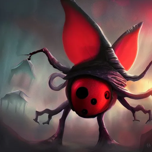 Prompt: ladybug as a monster, fantasy art style, scary atmosphere, nightmare - like dream, dramatic lighting