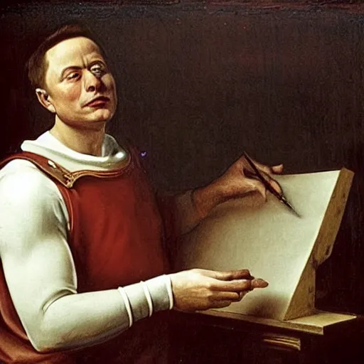 Prompt: Renaissance painting of Elon Musk working on the design of his next invention