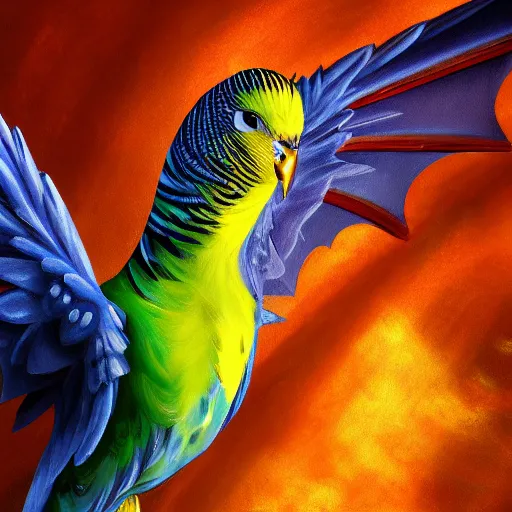 Image similar to an oil painting of a budgie with dragon wings, hd, hdr, ue 5, ue 6, unreal engine 5, cinematic 4 k wallpaper, 8 k, ultra detailed, high resolution, artstation, award winning