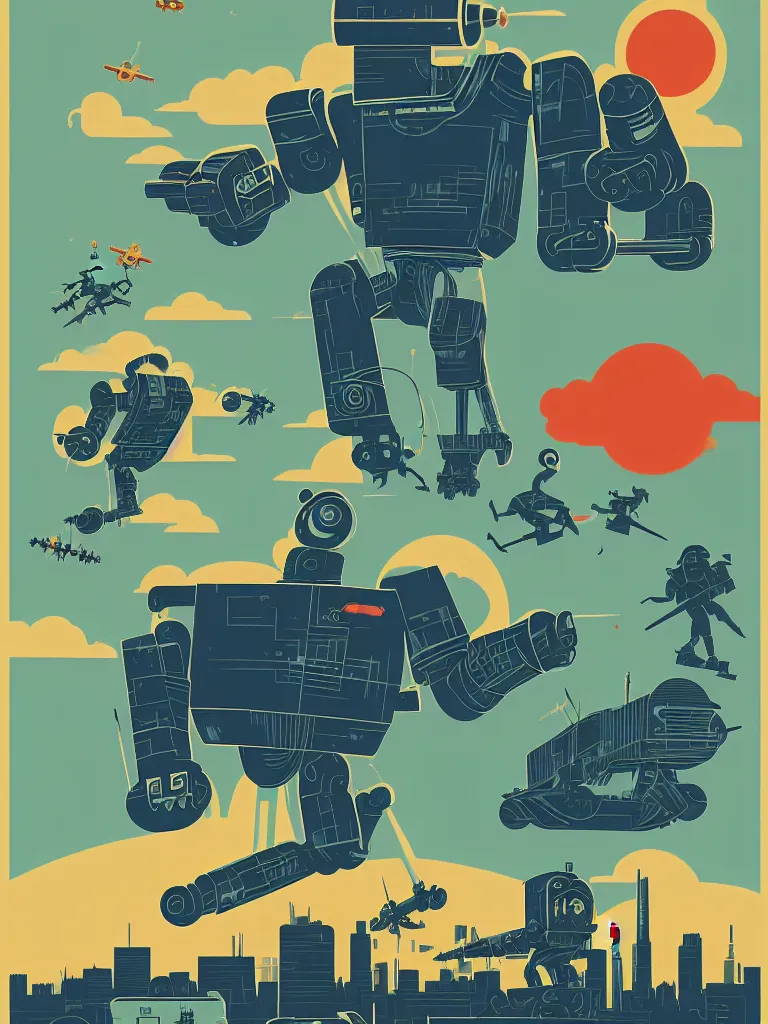 Prompt: tom whalen poster illustration of a large retro science fiction robot battle above city neighbourhood, vintage muted colors, some grungy markings