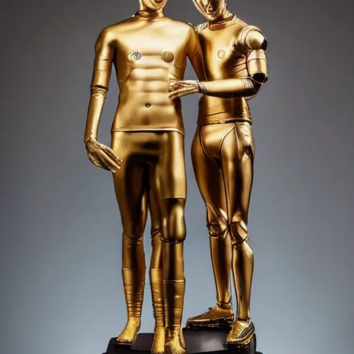 Image similar to a realistic detailed photo of a guy who is an attractive humanoid who is half robot and half humanoid, who is a male android, soccer players martin ødegaard & timo werner, shiny skin, posing like a statue, blank stare, in a living room, on display, showing off his muscles, gold soccer shorts, no jersey, statue, many copies of them