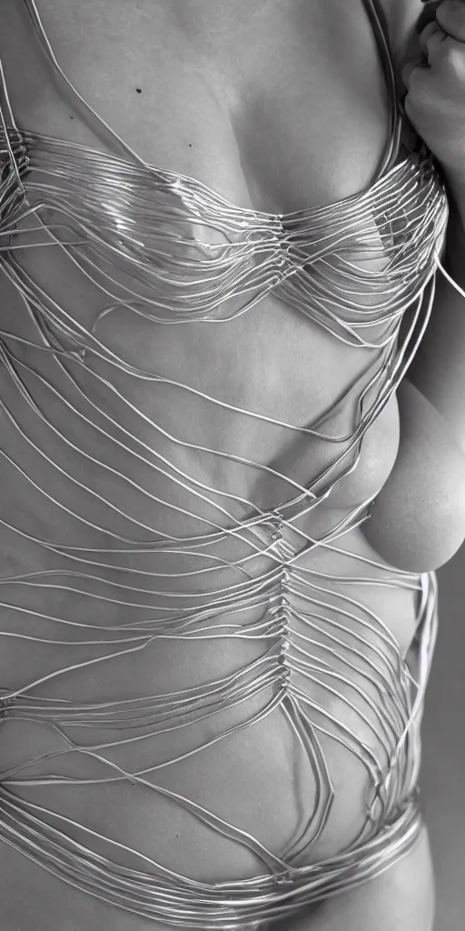 Prompt: ropes wrapped tightly around a figure of gorgeous human bodies embracing with metallic wire tattoos, bra and shorts, white leather skin, fashion photography, belly, no head, no face, closeup, cinematic color grading, hyperrealism, octane render, intricate highly detailed, 8k