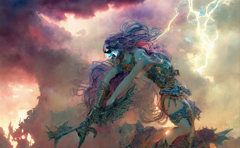 Prompt: the revenge of the lightning goddess whearing knight armor, fantasy. intricate, amazing composition, colorful watercolor, by ruan jia, by maxfield parrish, by marc simonetti, by hikari shimoda, by robert hubert, by zhang kechun, illustration, gloomy