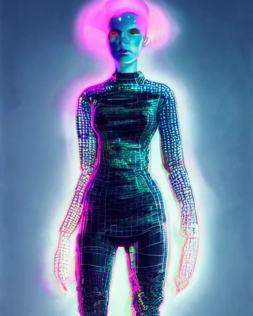 Prompt: full body shot of young punk woman dressed in futuristic cyberpunk clothing, colorful, night, soft light, bjork aesthetic, translucent, by rineke dijkstra and artgerm, intricate details, highly detailed, masterpiece, 8 5 mm