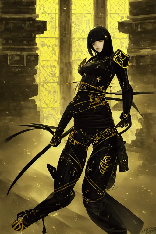 Image similar to portrait Ninja gaiden girl, armored black and yellow ninja wardrobe, in ruin japanese temple rainny night, ssci-fi and fantasy, intricate and very very beautiful and elegant, highly detailed, digital painting, artstation, concept art, smooth and sharp focus, illustration, art by tian zi and WLOP and alphonse mucha