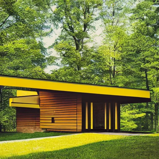 Prompt: architecture ad for a mid-century modern house in the middle of the wood designed by mies van der rohe. grain, cinematic, colorized, yellow hue.