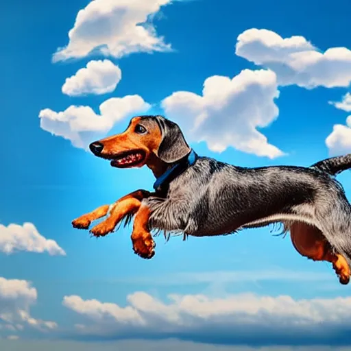 Prompt: grey, elderly wire-haired dachshund flying in heaven, floating in the sky, blue sky, surrounded by beautiful white clouds, heaven landscape